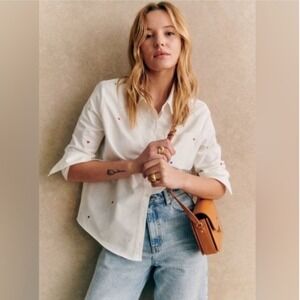 Sezane White Heart Embroidered Organic Cotton Button Down Shirt Max Shirt